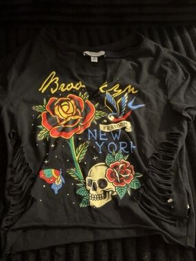 Discreet Black Kids Tee with Colorful Rose, Skull & Bird Graphic